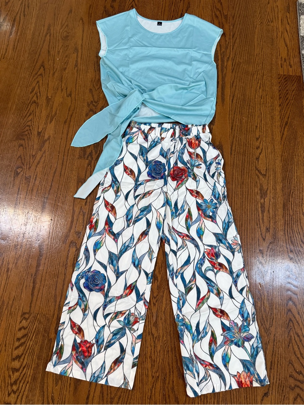 SHEIN Light Blue Tie-Waist Top with White Floral Wide-Leg Pants